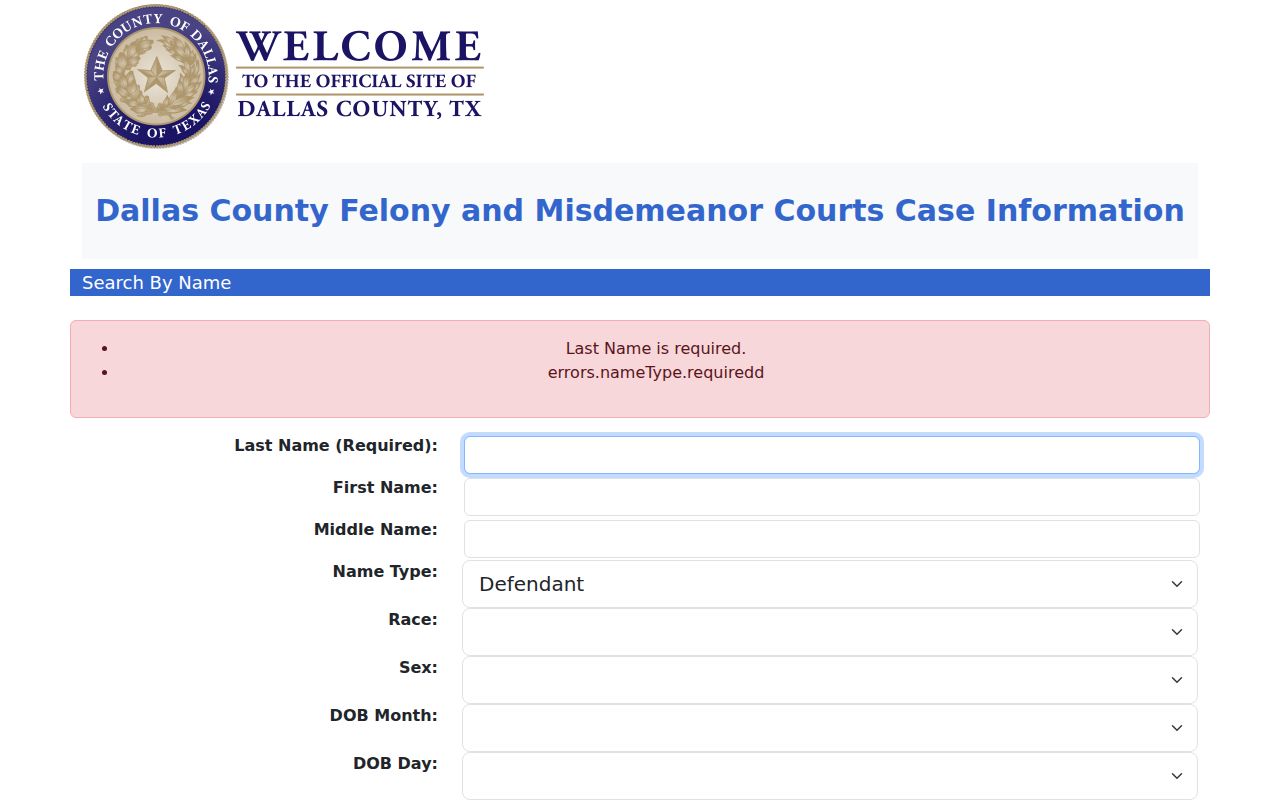 Farmers Branch resident lookup Dallas County criminal name search fields
